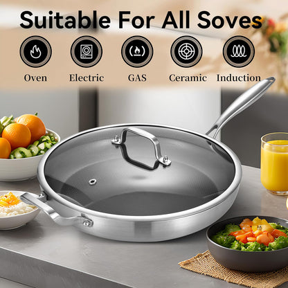 13 Inch Nonstick Ceramic Nonstick Hybrid Frying Pan with Lid | Large Tri-Ply Stainless Steel Skillet | PFOA Free | Oven & Dishwasher Safe for All Stoves | Detachable Handle| 3-6 Servings5