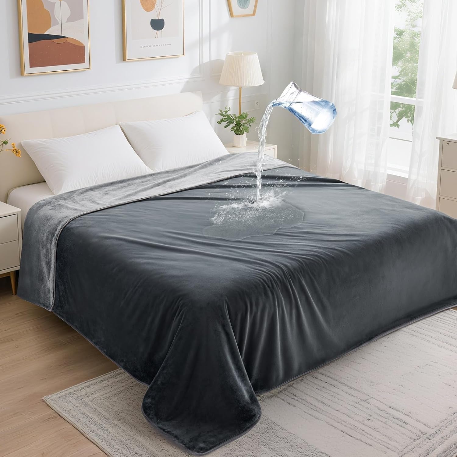 loobani-waterproof-blanket-for-bed-soft-flannel-twin-bed-blanket-60-x-80-dog-pet-blankets-for-large-dogs-reversible-spill-proof-throw-for-couch-cover-movie-time-camping-travel-noise-free-grey