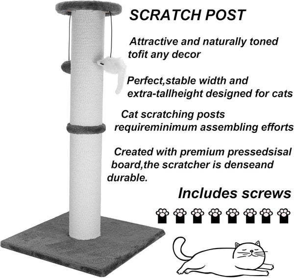 34-Inch Tall Cat Scratching Post for Large Cats, Stable Base, Gray | Heavy-Duty Cat Scratcher, Extra-Tall Thick Post, Soft Natural Cotton Rope, Hanging Interactive Cat Toys, Indoor Cat Furniture8
