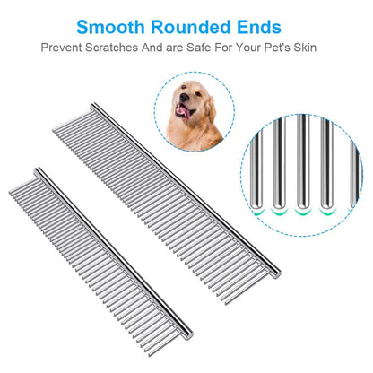 Cafhelp 2 Pack Dog Combs with Rounded Ends Stainless Steel Teeth, Cat Comb for Removing Tangles and Knots, Professional Grooming Tool for Long and Short Haired Dog, Cat and Other Pets, 6.3IN/7.4IN2