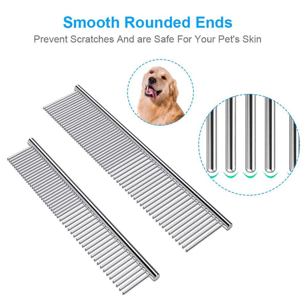 Cafhelp 2 Pack Dog Combs with Rounded Ends Stainless Steel Teeth, Cat Comb for Removing Tangles and Knots, Professional Grooming Tool for Long and Short Haired Dog, Cat and Other Pets, 6.3IN/7.4IN2