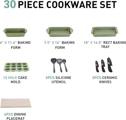 Pots and Pans Set, 30 Piece Kitchen Cookware & Bakeware Set | Green Granite Non Stick Pans Set for Cooking, 100% PFOA & PFAS Free Non-Toxic, Easy to Clean6