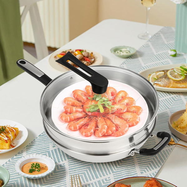 Stainless Steel Wok Pan Stir-Fry Wok Non Stick Frying Pan Honeycomb Skillet with Handle Lid for Gas Stove, Induction Cooker Ceramic Stove, Silver Black (13In-With Steamer Basket)2