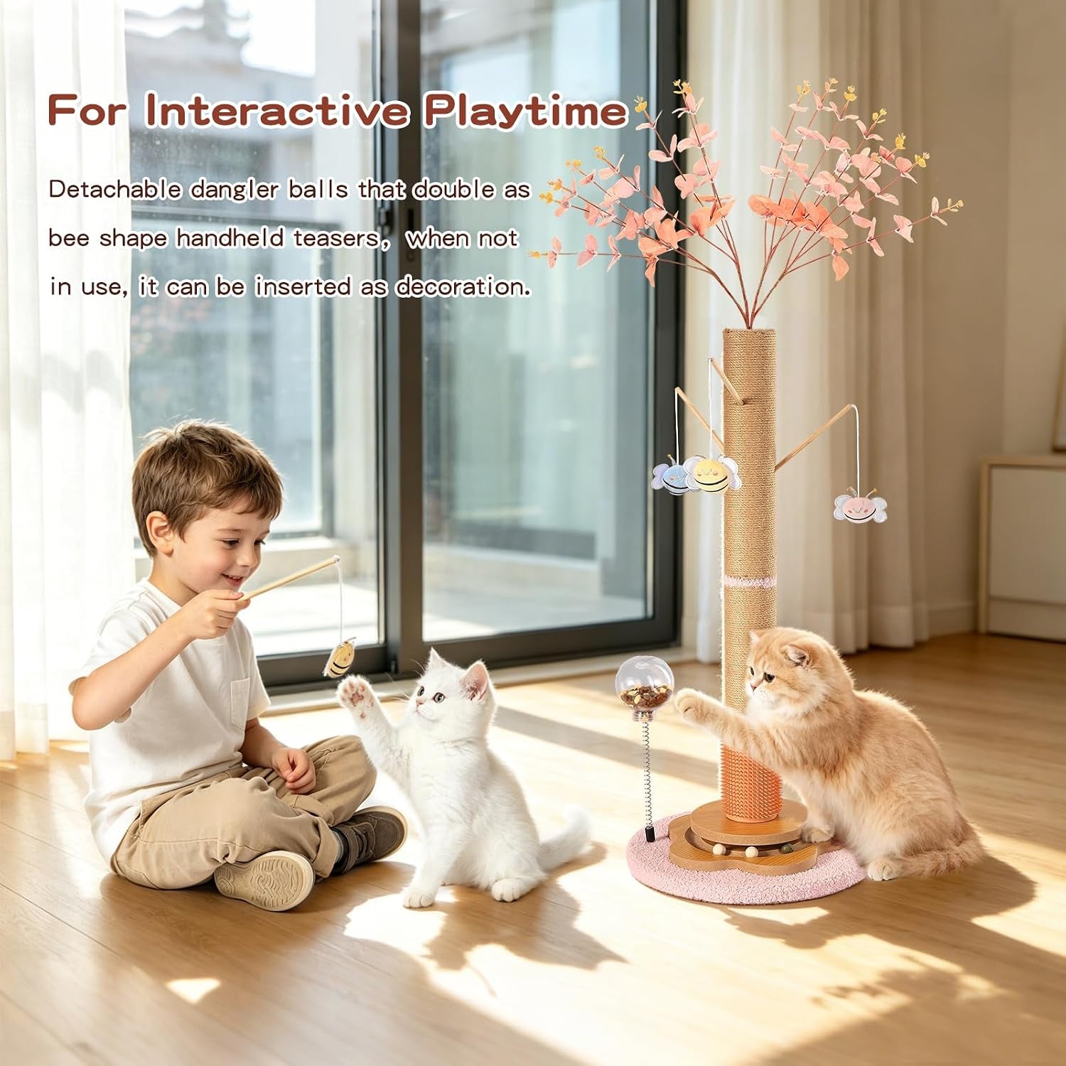 45-tall-cat-scratching-post-for-large-cats-adults-grooming-brush-track-ball-spring-feeder-3-bee-toys-sisal-rope-large-cat-scratcher-tree-with-leaves-for-indoor-cats-pink