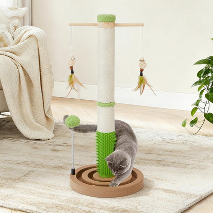 Cat Scratching Post, 26" Tall Scratch Post with Hanging Toy for Indoor Cats | Sisal Cat Scratcher Post with Grooming Brush, Double-Layer Interactive Wooden Ball Track, for Small Cats and Kittens Play11