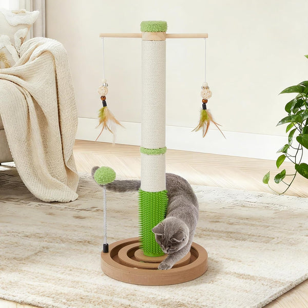 Cat Scratching Post, 26" Tall Scratch Post with Hanging Toy for Indoor Cats | Sisal Cat Scratcher Post with Grooming Brush, Double-Layer Interactive Wooden Ball Track, for Small Cats and Kittens Play11