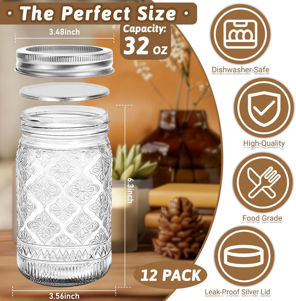 Wide Mouth Mason Jars 32Oz, 12-Pack with Airtight Lids and Bands | Quart Glass Canning Jars for Pickling, Food Storage, Fermentation, Overnight Oats; Includes Rustic Stickers, Tags, Brush3