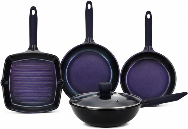 5 Pc Frying Pan Set Non Stick with Wok, Grill and Fish Pan | Ceramic Non Stick Coating, Die-Casting Aluminum, Stain-Resistant, Even Heat, Induction, Gas & Electric Cooktops Compatible1