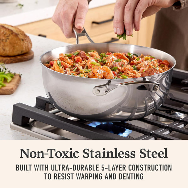 Calphalon Premier Polished 5-Ply Stainless Steel Cookware Set W/Turbo Heat Tech 4.5Qt Chef'S Pan with Lid, Induction, Oven Safe 500F, PFOA Free, Polished Stainless Silver2
