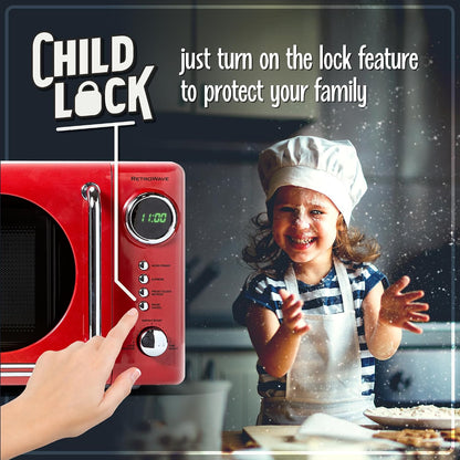 Retro Compact Countertop Microwave Oven - 0.7 Cu. Ft. - 700-Watts with LED Digital Display - Child Lock - Easy Clean Interior - Red4