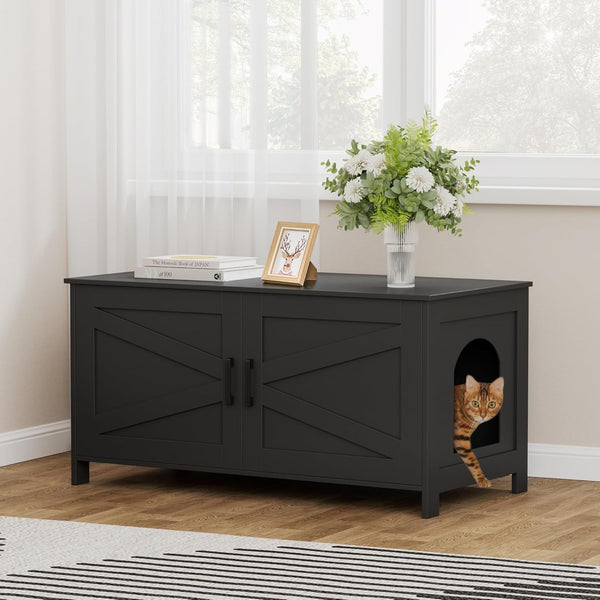 Homhedy 39.4" L Cat Litter Box Enclosure with Barn Door, Black | Wooden Cat Washroom Furniture, Cat House, Pet Storage Cabinet, Dog-Proof, Fit Most of Litter Box, Farmhouse Style6
