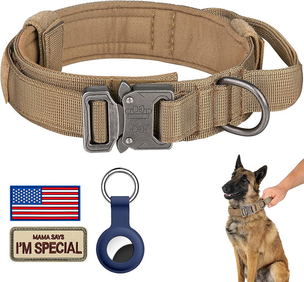 DAGANXI Tactical Dog Collar, Adjustable Military Training Nylon Dog Collar with Control Handle and Heavy Metal Buckle for Medium and Large Dogs, with Patches and Airtags Case (L, Black)10