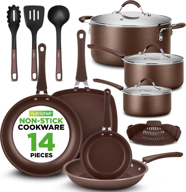 14-Piece Nonstick Brown Cookware Set - Scratch-Resistant Kitchen Pots and Pans with Lids & Utensils, for All Cooktops - NCCW14SBR1