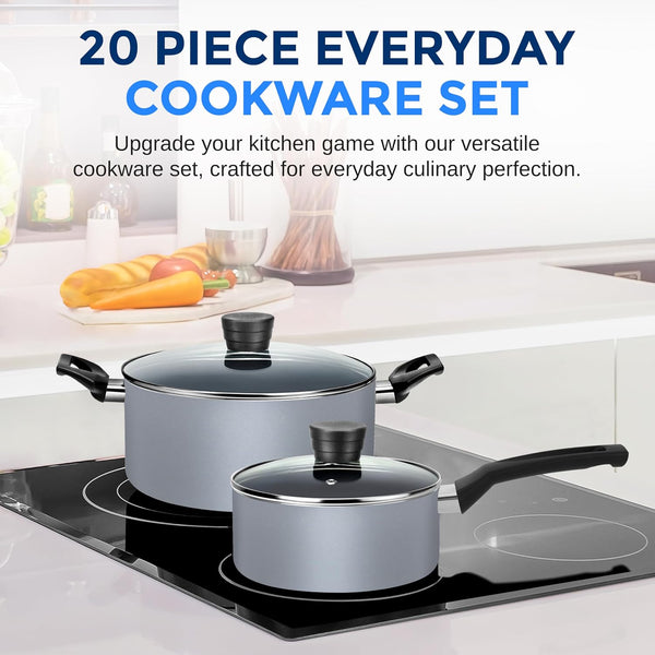 Kitchenware Pots & Pans, Basic Kitchen Cookware Set, Black Non-Stick Coating Inside, Heat Resistant Lacquer (20-Piece Set), One Size, Gray2