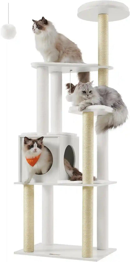 Feandrea Cat Tree, 64.6-Inch Modern Cat Tower, Multi-Level Condo with 5 Scratching Posts, Perch, Washable Removable Cushions, Cave, Rustic Brown UPCT166X0111