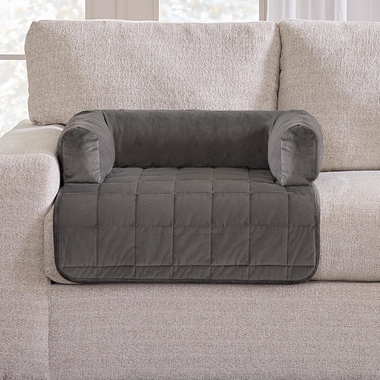 surefit-pet-otis-quilted-3-sided-bolster-pet-bed-waterproof-couch-protector-for-dogs-cats-plush-fabric-odor-control-machine-washable-non-slip-large-46-in-x-32-in-dark-gray