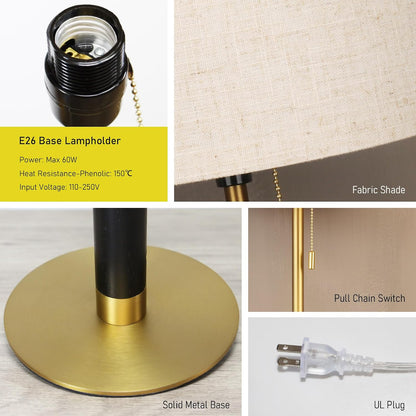 26.4" Set 2 Pull Chain Table Lamp Modern Mid Century Bedside Lamps for Living Room End Tables 3-Color Light for Bedroom, Solid Wood/Metal/Fabric Lamp for Home/Office/Desk (Light Brown+Brass)9