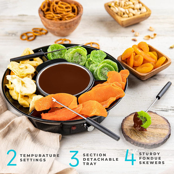 Electric Fondue Pot Set – Chocolate Fondue Kit - Temperature Control | Detachable Serving Tray, 10Oz Melting Pot, 4 Roasting Forks - Gift Set & Date Night Idea. Serve at Movie Night or Game Night.4