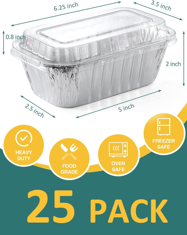 25 Pack 6X3.5X2 Disposable Aluminum Loaf Pans with Lids - 1 Lb Mini Loaf Pans, Small Aluminum Tin Foil Baking Pan, Food Containers for Baking, Cakes, Bread, Meat, Loaves2