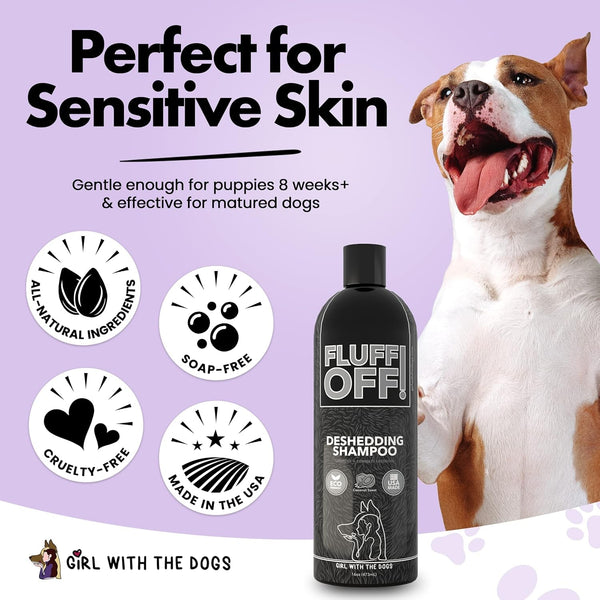 Fluff Off! by Girl with the Dogs, Natural Deshedding Dog & Cat Shampoo, 16 Oz, Made in USA, 8 Wks+6