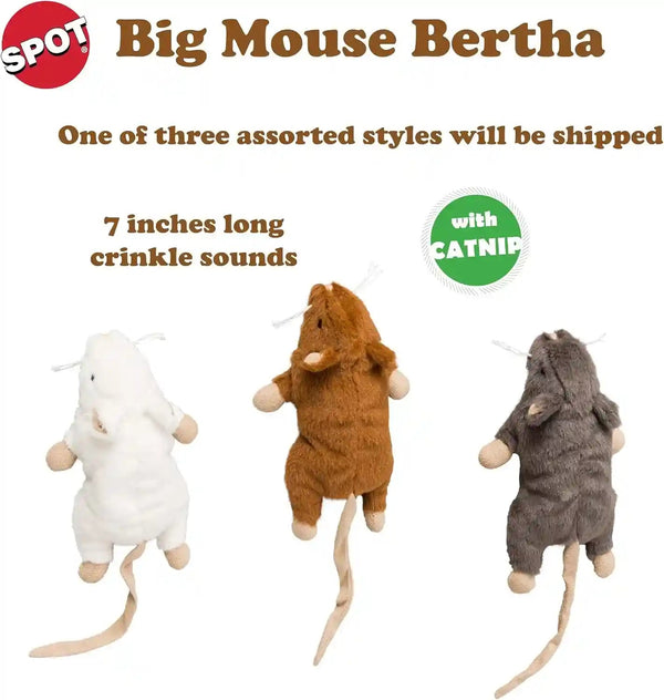 SPOT Big Mouse Bertha Cat Toy with Catnip – Lifelike Plush Mouse, Crinkle Sound, Large 7In Size, for Cuddling, Chasing, Playing – Assorted Colors2