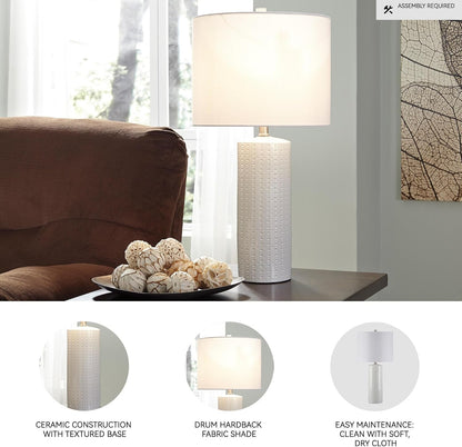Signature Design by Ashley Table Lamp Set of 2, White Ceramic, 3-Way | Textured White Ceramic Base with Soft Drum Shade, 25-Inch Height Elevates Living Room End Tables, Steuben Series3