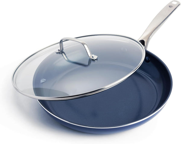 12" Diamond Ceramic Nonstick Frying Pan Skillet with Lid, Blue | Pfas-Free Ceramic Nonstick, Dishwasher & Oven Safe, Stay Cool Handle, Durable Metal Utensil Safe, Egg & Omelet Pan1