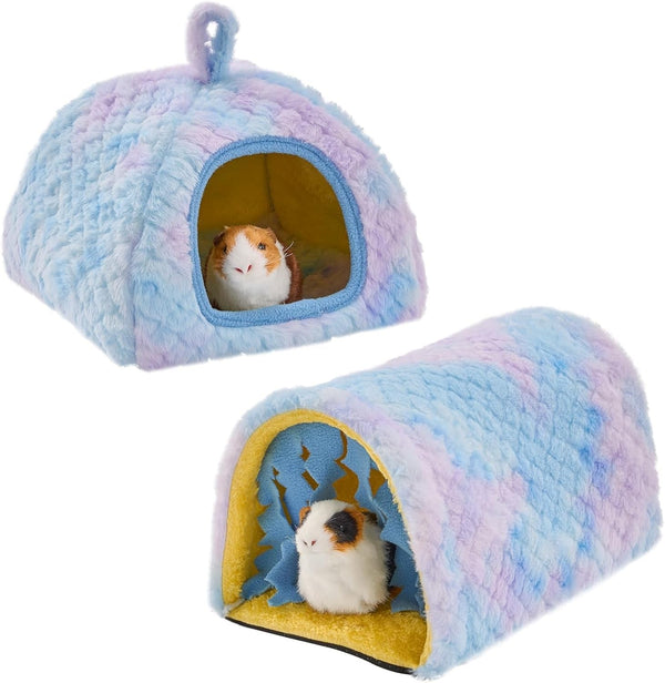 Avont 2-Pack Guinea Pig Tunnel & Hideout Bed Set | Washable Hideout & Tunnel Set, Breathable Fleece, Dual Entrances, Removable Pad, Blue or Yellow1