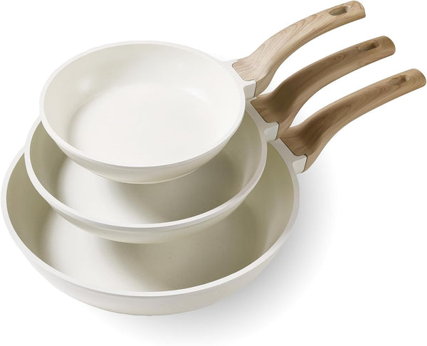 3Pcs Cream White Non Stick Skillet Set, Cream White | Non Toxic Granite Frying Pan with Heat-Resistant Handle, All Stovetops Compatible, Pfoa-Free, 8"+10"+12"1