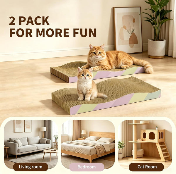 Cat Scratching Board 2-Pack, Reversible Cat Scratcher Pad, Large | Odor-Free,Double-Sided Use,Wave Shape,Sturdy,Extra Large,Custom Corrugated Board,2 Count,Cat Toys8