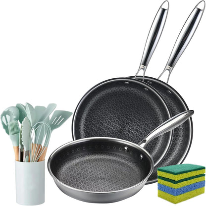 Tri-Ply Stainless Steel Frying Pan Set, 19 Piece Nonstick Skillet Cookware Set with 3 Fry Pans 9.5 10.25 11 Inch, Induction Compatible, Kitchen Utensils Included1