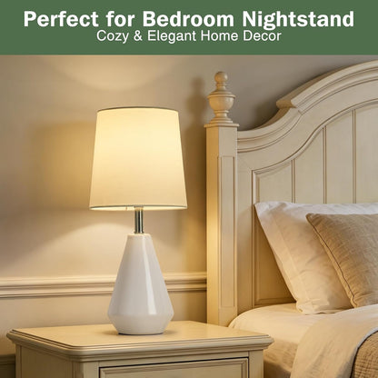 Small Bedside Table Lamp for Bedroom - Reading Desk Lamp with 3 Color Temperatures，15.5" Nightstand Ceramic Lamp with Fabric Shade for Kids Room,Living Room,Dorm,Home Office (White)4