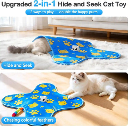 Interactive Cat Toys for Indoor Cats, Rechargeable Hide & Seek Toy | Touch Activated, 3 Speed Modes, Realistic Bird Chirps, 10-Min Auto Shutoff, Hidden Feather Wand for Bored Adult Cats, Blue2