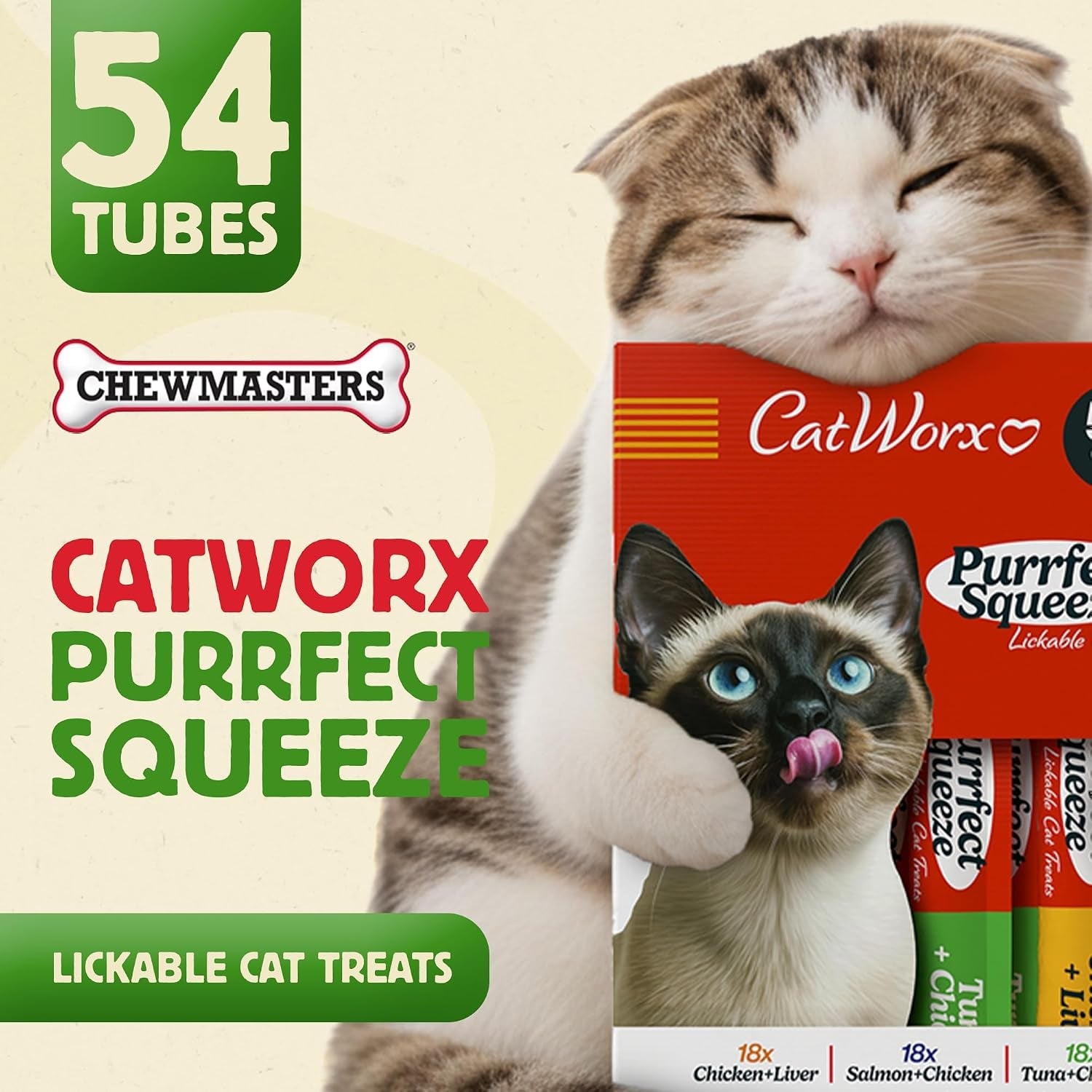 catworx-by-chewmasters-purrfect-squeeze-lickable-soft-cat-treats-54-pack-creamy-puree-squeeze-tubes-for-kittens-and-adult-cats-hand-feeding-snack-or-food-topper-training-reward-0-53-ounce