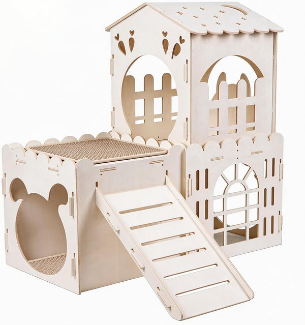 Large Rabbit House, Wooden Bunny Castle with 3 Houses Indoor, Rabbit Guinea Pig Cage Multistory Climbing Tower Sturdy Wooden Castle, Small Animal Hideaway Tunnel9