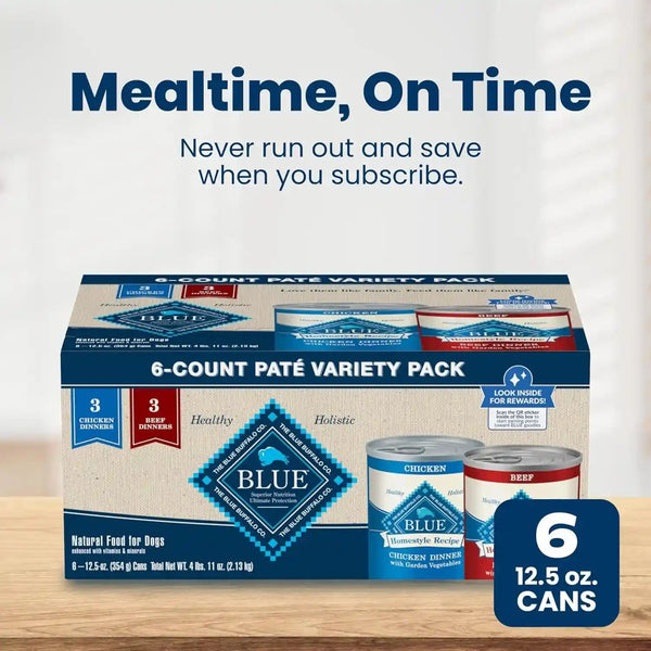 Blue Buffalo Homestyle Recipe Wet Dog Food Paté Variety Pack, Chicken Dinner & Beef Dinner with Garden Vegetables, Made with Natural Ingredients, 12.5-Oz. Can (6 Count, 3 of Each)10