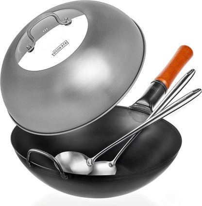 Carbon Steel Wok Pan 13,5 “ + Lid 12.8 in for 13.5-In Wok + 17’’ Spatula and Ladle1
