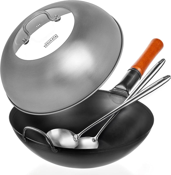 Carbon Steel Wok Pan 13,5 “ + Lid 12.8 in for 13.5-In Wok + 17’’ Spatula and Ladle1