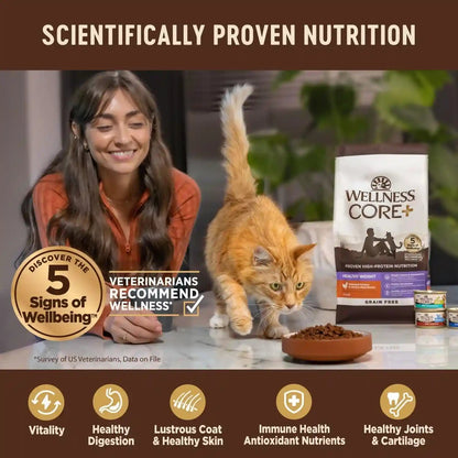 Wellness CORE+ Adult Dry Cat Food for Indoor Cats, Natural, Grain Free Kibble, Chicken, Turkey and Chicken Meal Recipe, 5 Lb Bag4
