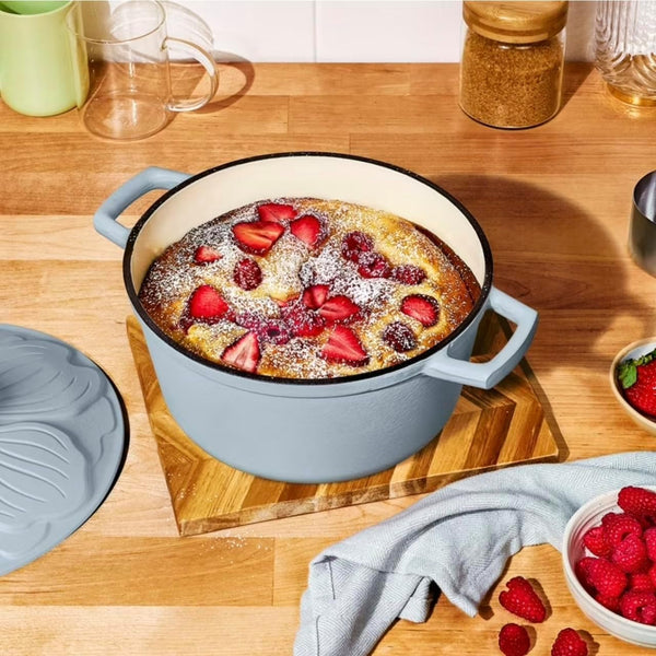 4 Quart Enameled Cast Iron round Dutch Oven with Flower Petal Design Lid, Cornflower Blue, by Drew Barrymore4