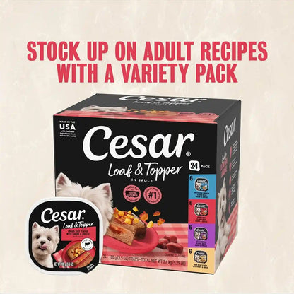Cesar Loaf & Topper Wet Dog Food, Variety Pack, 3.5 Oz, 24 Count | Real Meat #1 Ingredient, No Fillers or Artificial Flavors, Easy-To-Digest, Slow-Cooked Tender Texture, Easy Peel Trays13