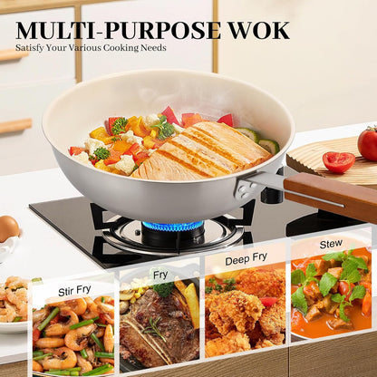 Ceramic Wok with Lid, 9.5 Inch Stainless Steel Nonstick Stir Fry Pan with Wooden Handle, Compatible with All Stovetops, PFAS Free7