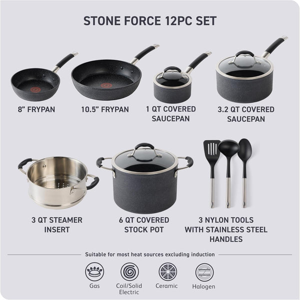 Stone Force Platinum Non Stick Cookware Set 12 Piece, Oven Broiler Safe 400°F, Kitchen Cooking Set W/Fry Pans, Saucepans, Dutch Oven, Tools, Steamer Insert, Lids, Cookware, Dishwasher Safe Black2