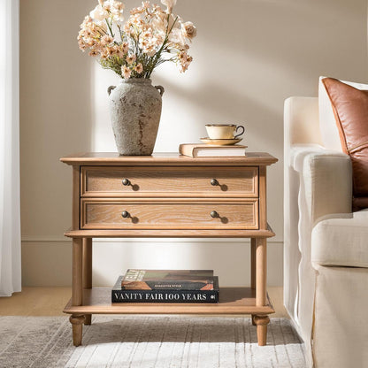 Farmhouse Nightstand with Drawer & Open Shelf, Natural Wood End Table with Solid Wood Legs, 28.4'' Wide Sofa Side Table with Charging Station(Oak)1