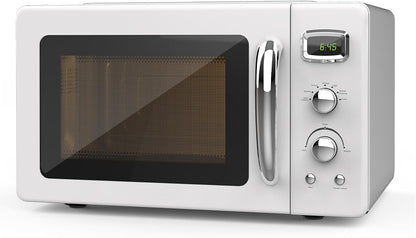 Retro Countertop Microwave Oven,  Compact Microwave Oven 0.9 Cu.Ft. W/Child Lock, 5 Micro Power, Defrost & 8 Auto-Cooking, LED Display, Easy Clean Interior, White, 900 W1