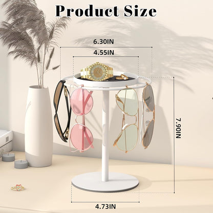 Metal Sunglass Organizer, Glasses Holder Stand with Storage Tray, White | Sunglass Holder with Non-Slip Pad for Nightstand, Tabletop, Desk, Dresser, Hanging up to 9 Pairs Sunlasses/Reading Glasses5