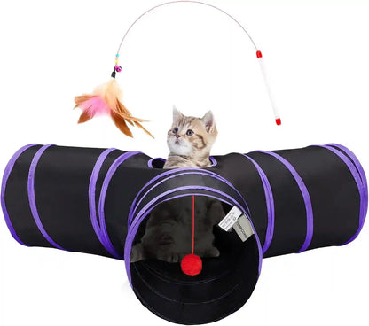 Tempcore Pet Cat Tunnel Tube Toys 3 Way Collapsible, Tunnels for Indoor Cats, Interactive Tube with Teaser Wand, Peek Holes & Hanging Ball, Black & Blue26