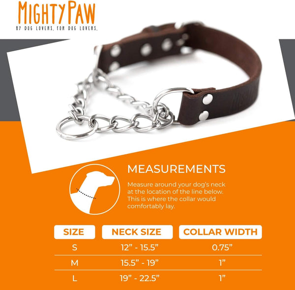 Mighty Paw Martingale Dog Collar - No Pull Design - Stainless Steel Chain - Limited Chain Cinch Training - Brown Leather Martingale Training Collar - Medium Size2
