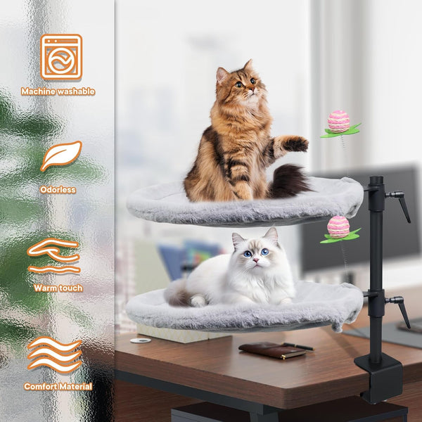 Double Cat Desk Bed, 360° Rotating & Adjustable Desk Mount with Soft Faux Fur & Breathable Mesh Accessories, Ergonomic Cat Perch for Remote Workers,Gamers, and Office Staff - Supports up to 44 Lbs6