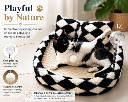 Furso Cat Bed Scratcher Lounge for Indoor Cats – Sisal Scratch Pad with Spring Treat Ball, Plush Pillow & Play Toy | Diamond Design | Protects Furniture5